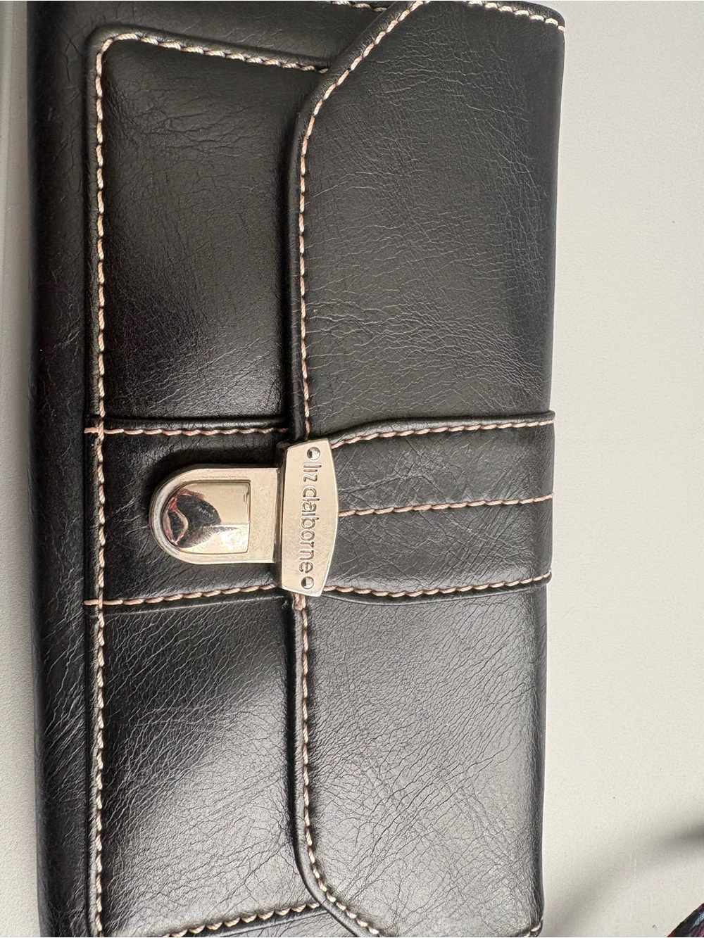 Liz Claiborne Black Leather Wallet with Contrast Stitching